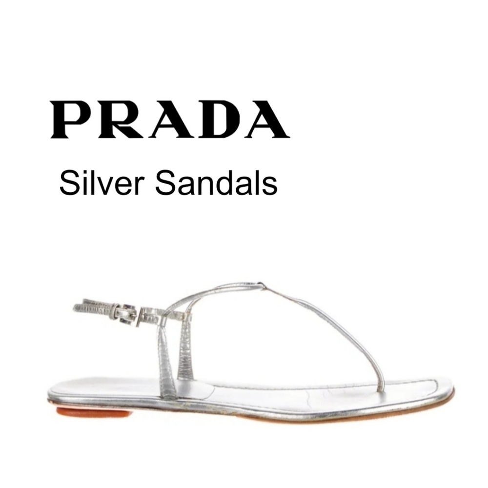 PRADA SILVER LEATHER THONG TSTRAP SLINGBACK Sandals - Picture 2 of 7